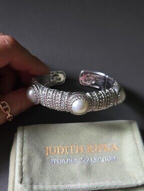 Judith Ripka Sterling Silver, Pearl, CZ Ladies Hinged Cuff Bracelet Open BACK